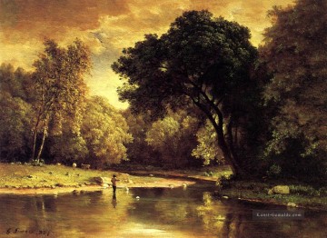 Teich See Wassfall Werke - Fischer in einem Bach Landschaft Tonalist George Inness